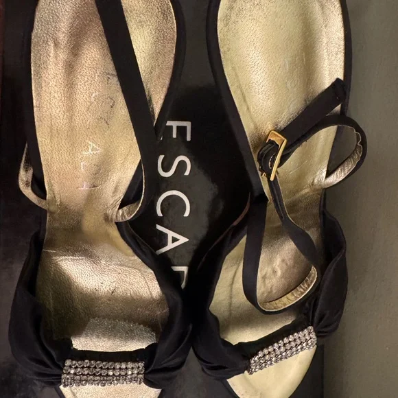 Escada Black and Gold Heels with Rhinestone Bow - Picture 3 of 5